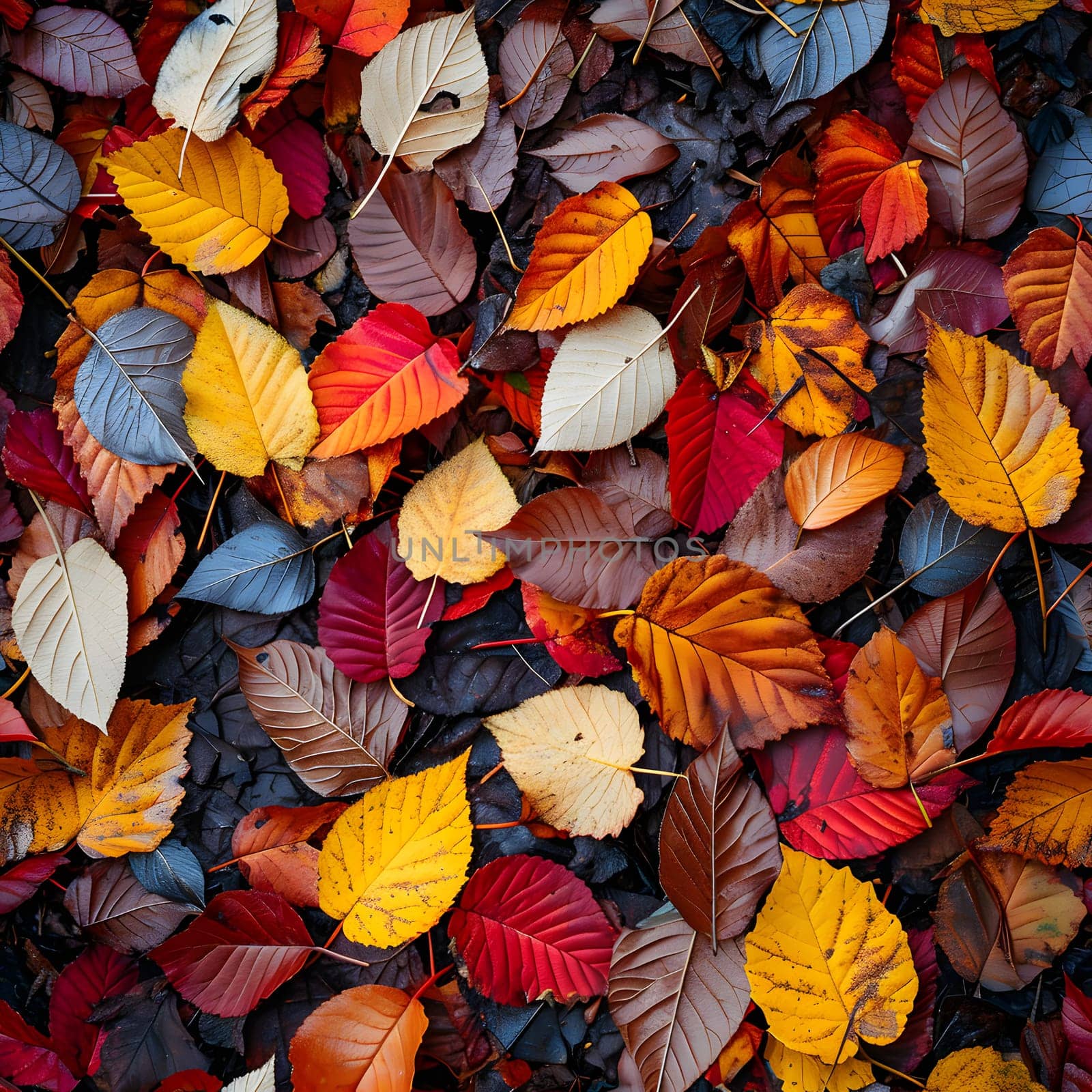 Seamless texture and background of colorful fallen autumnal leaves. Neural network generated image. Not based on any actual scene or pattern.
