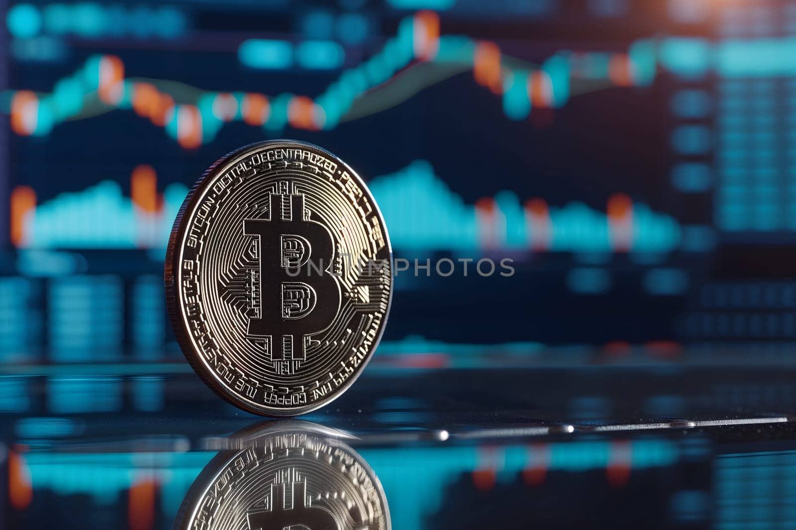 Bitcoin shiner in front of blurry trading charts screen. Dark appearance. Neural network generated image. Not based on any actual scene or pattern.