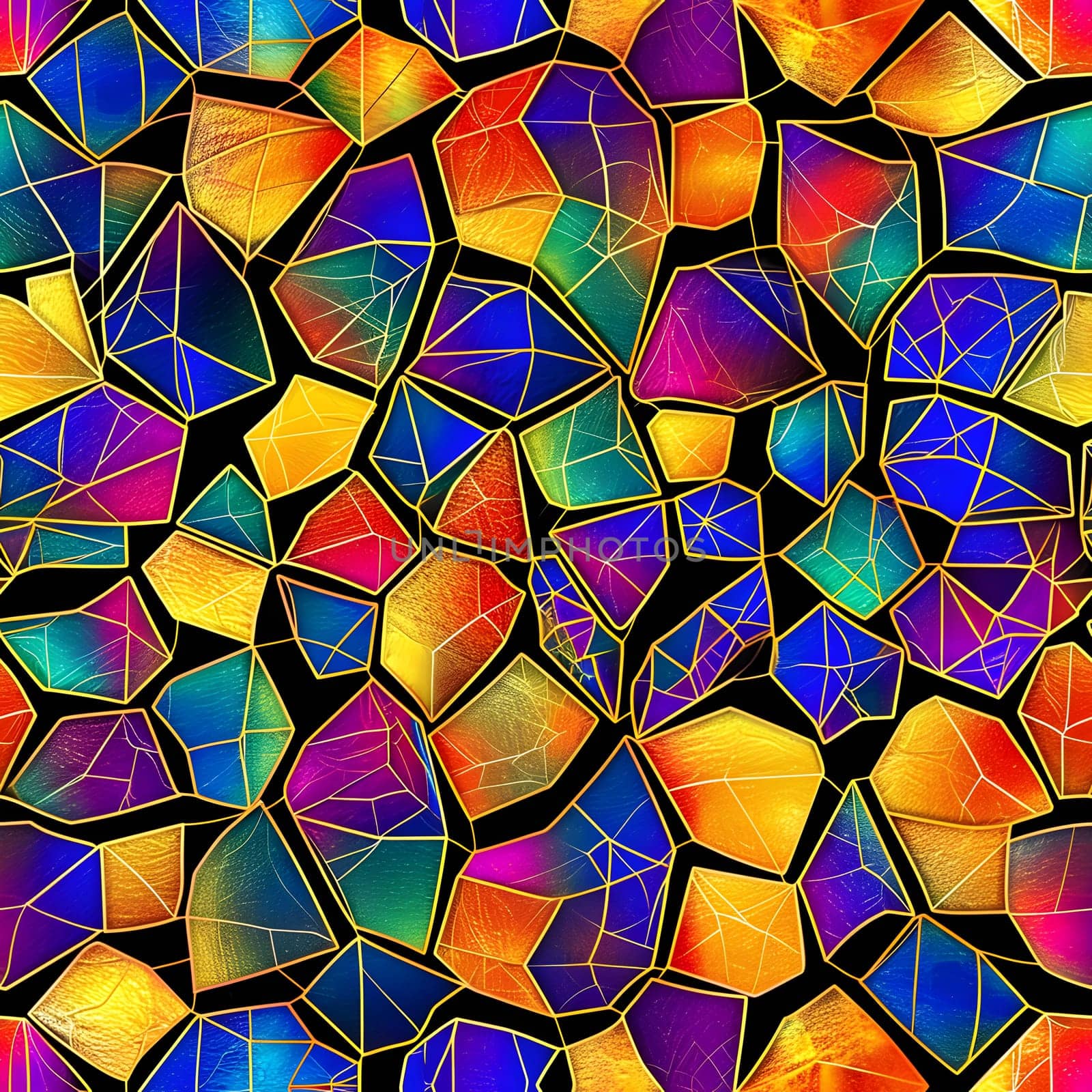 Seamless texture and full-frame background of colorful glass mosaic triangular tiles. Neural network generated image. Not based on any actual scene or pattern.