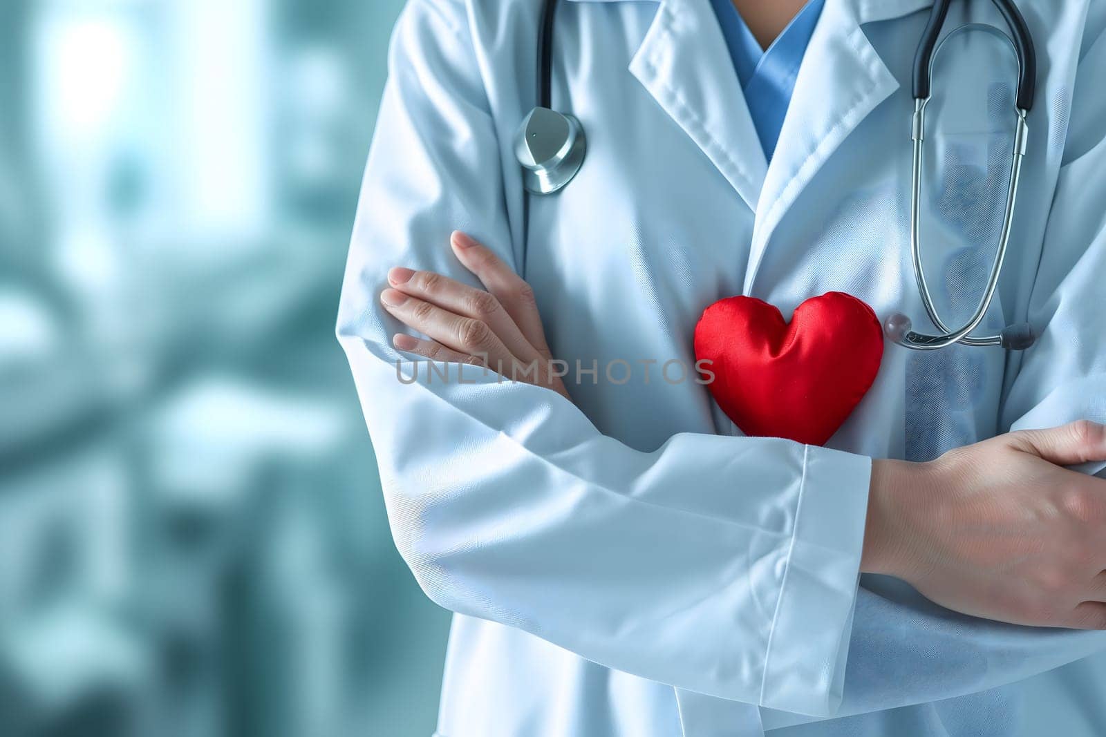 Abstract Medical Doctor, Symbolizing Compassion and Expertise asymmetrical composition with copy space. Neural network generated image. Not based on any actual scene or pattern.