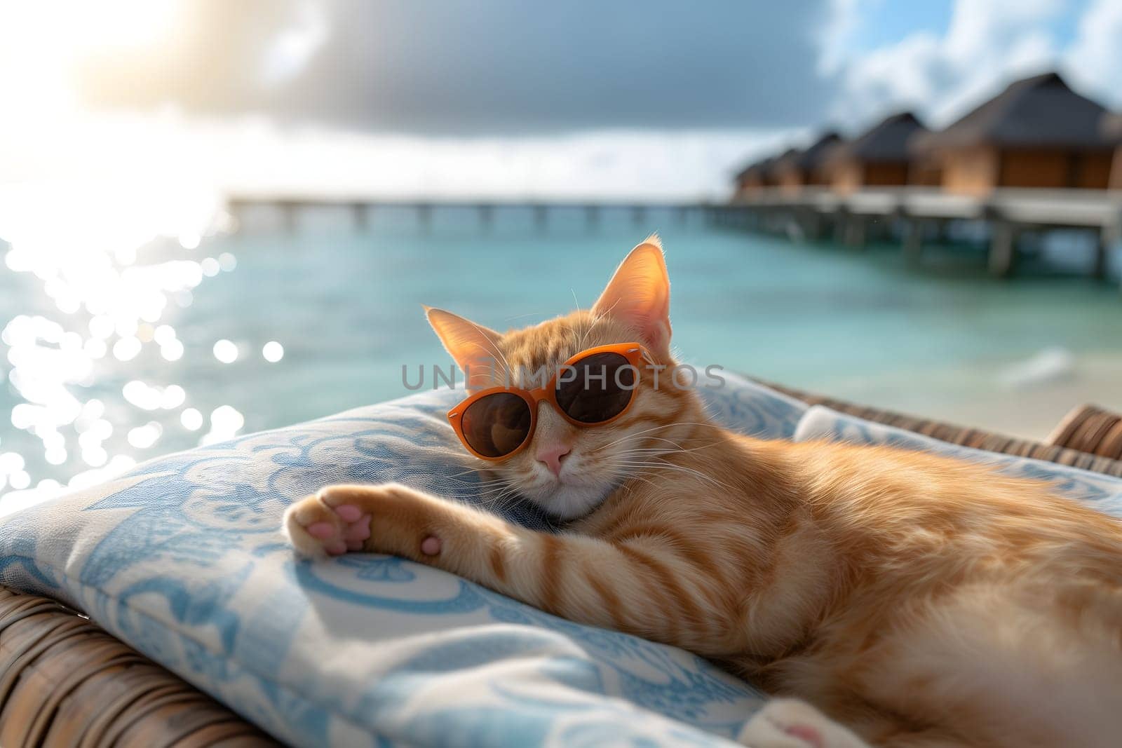 tabby cat with sunglasses laid on tropical beach, vacation theme. Neural network generated image. Not based on any actual person or scene.