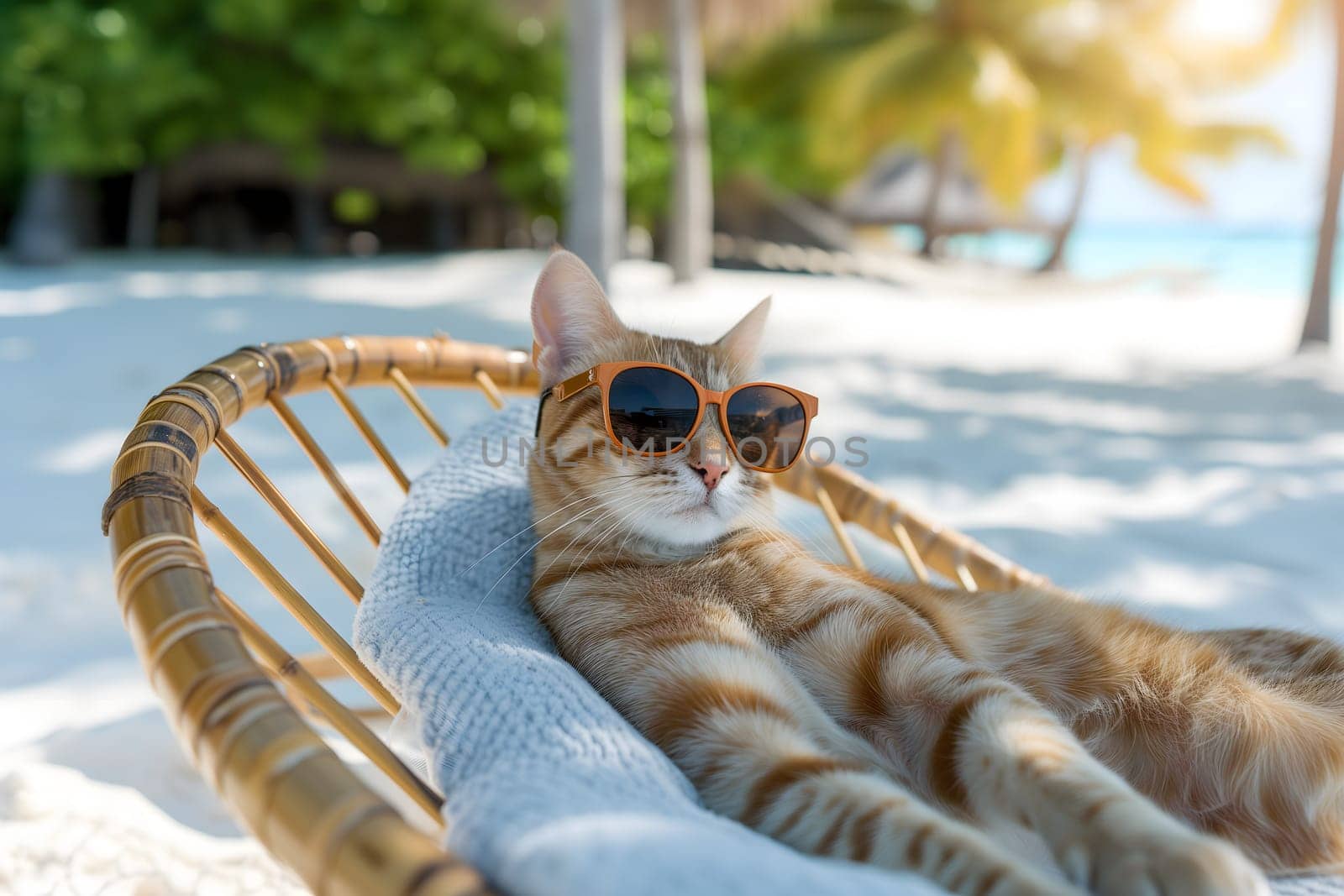 tabby cat with sunglasses laid on tropical beach, vacation theme. Neural network generated image. Not based on any actual person or scene.