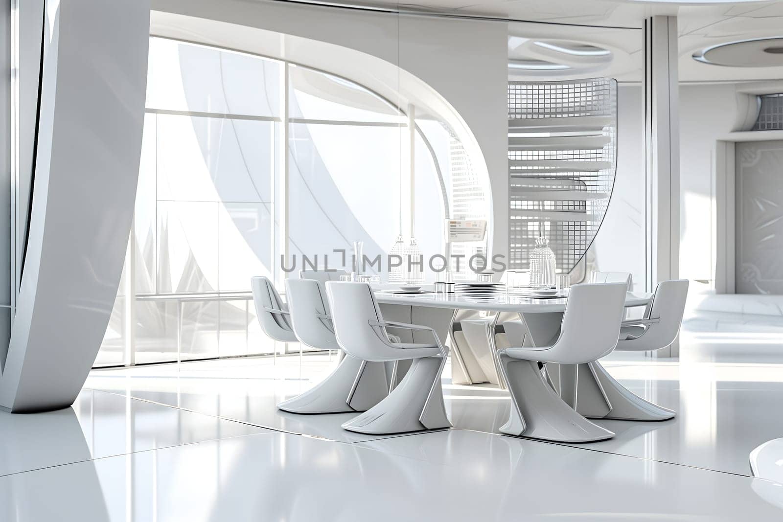 futuristic clean white space station style interior of dining room. Neural network generated image. Not based on any actual scene or pattern.