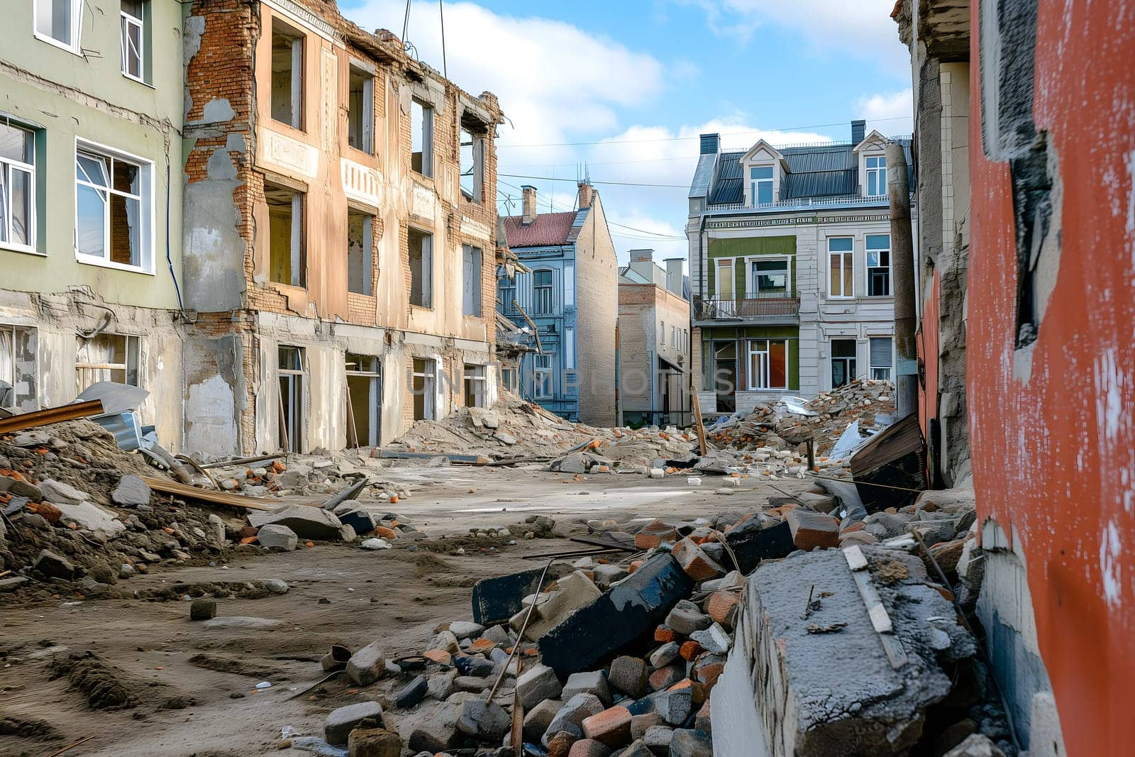 Ruined houses street after war. Neural network generated image. Not based on any actual scene or pattern.