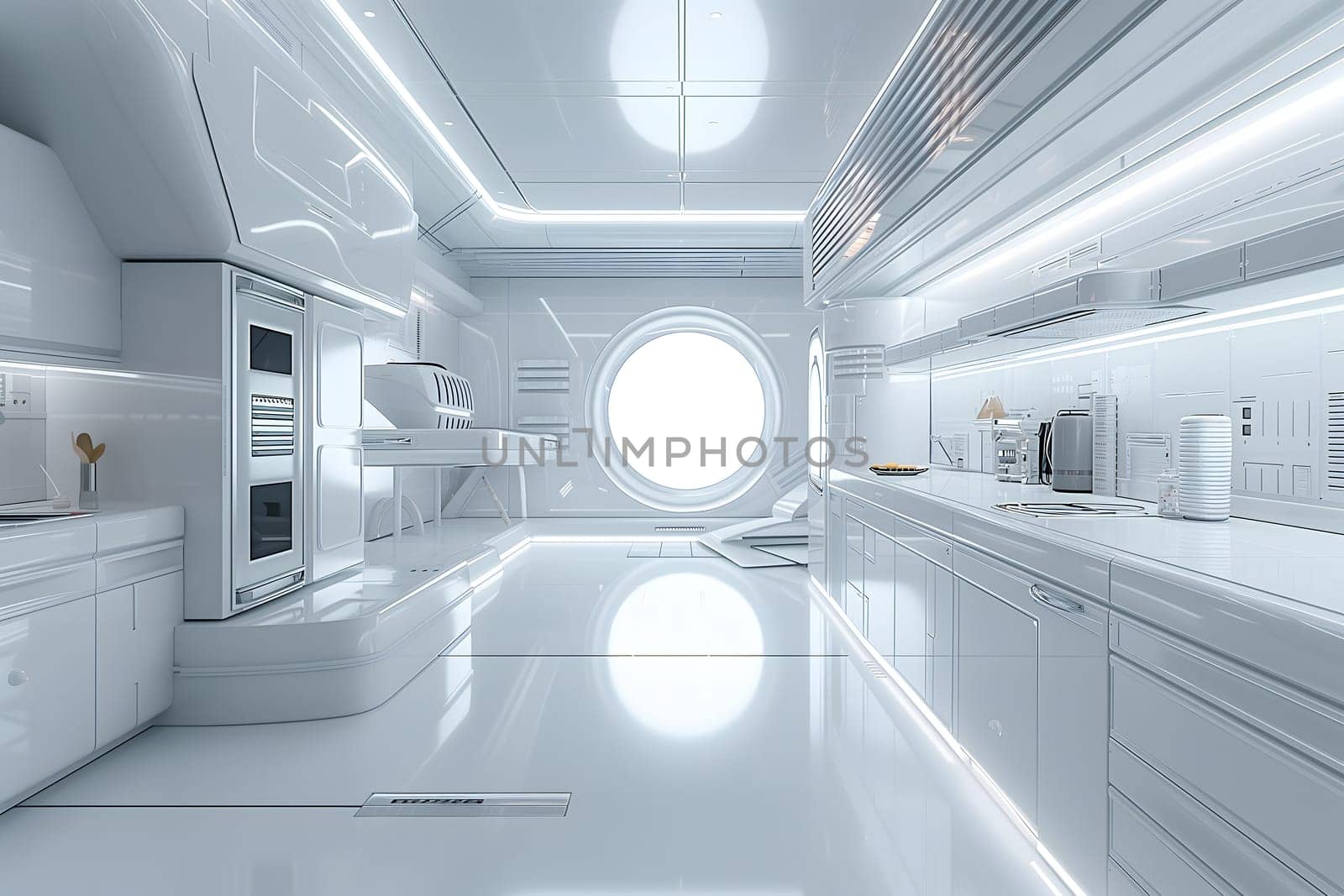 futuristic clean white space station style interior of kitchen room. Neural network generated image. Not based on any actual scene or pattern.