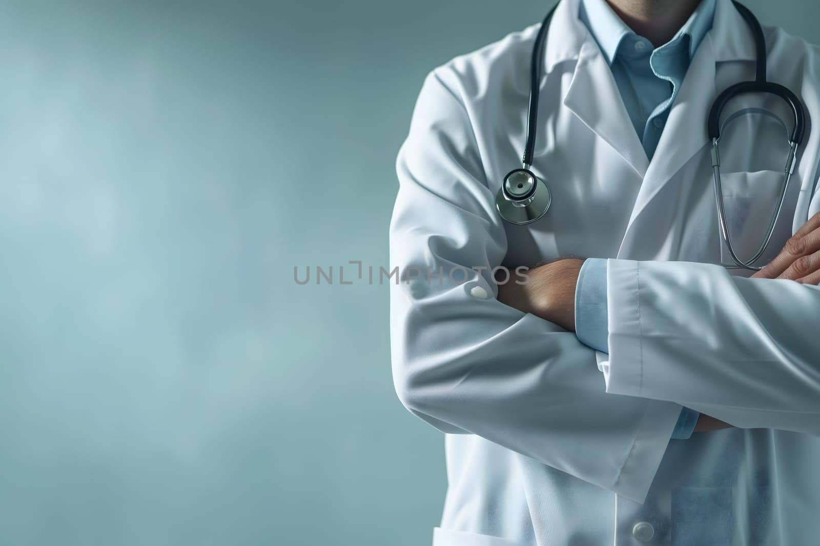 Abstract Medical Doctor, Symbolizing Compassion and Expertise asymmetrical composition with copy space. Neural network generated image. Not based on any actual scene or pattern.