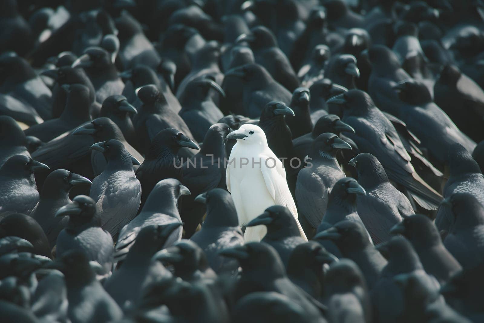 A white crow among many black crows. Neural network generated image. Not based on any actual scene or pattern.