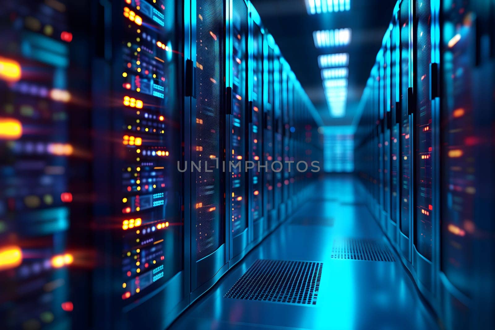 Server room with neon high contrast lighting. Neural network generated image. Not based on any actual scene or pattern.