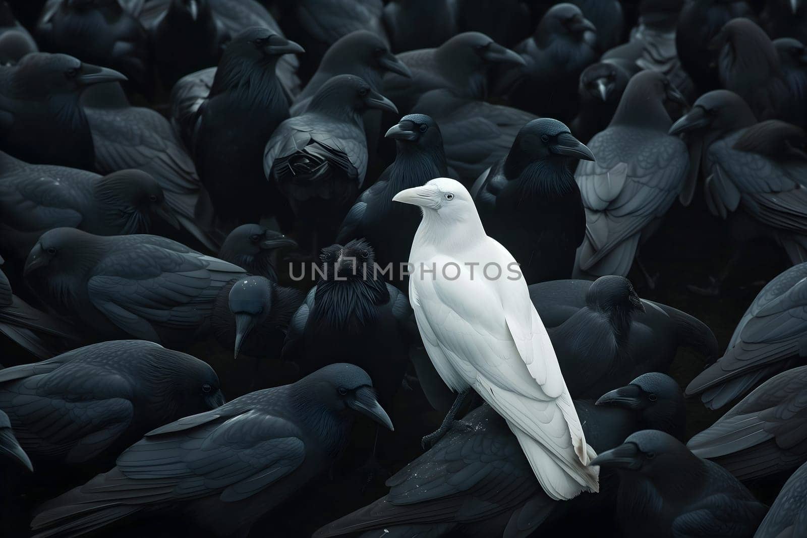 A white crow among many black crows. Neural network generated image. Not based on any actual scene or pattern.