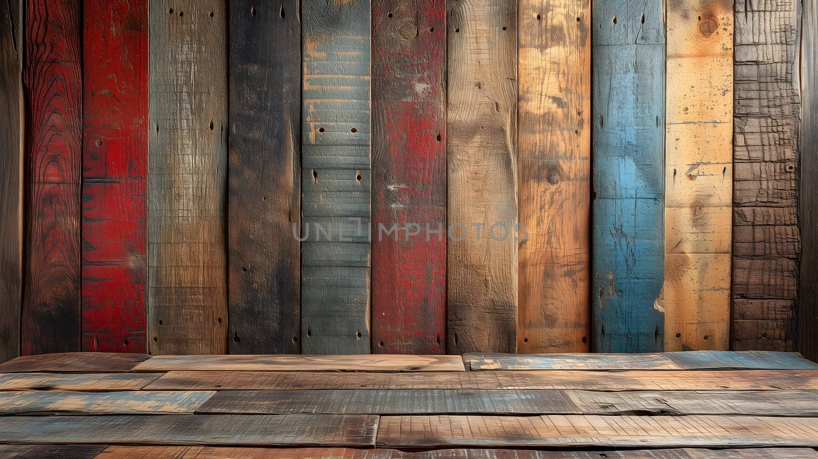 Empty wooden table for rustic background, vintage American style, montage-friendly, retro vibes, creative space, no text. Neural network generated image. Not based on any actual scene or pattern.