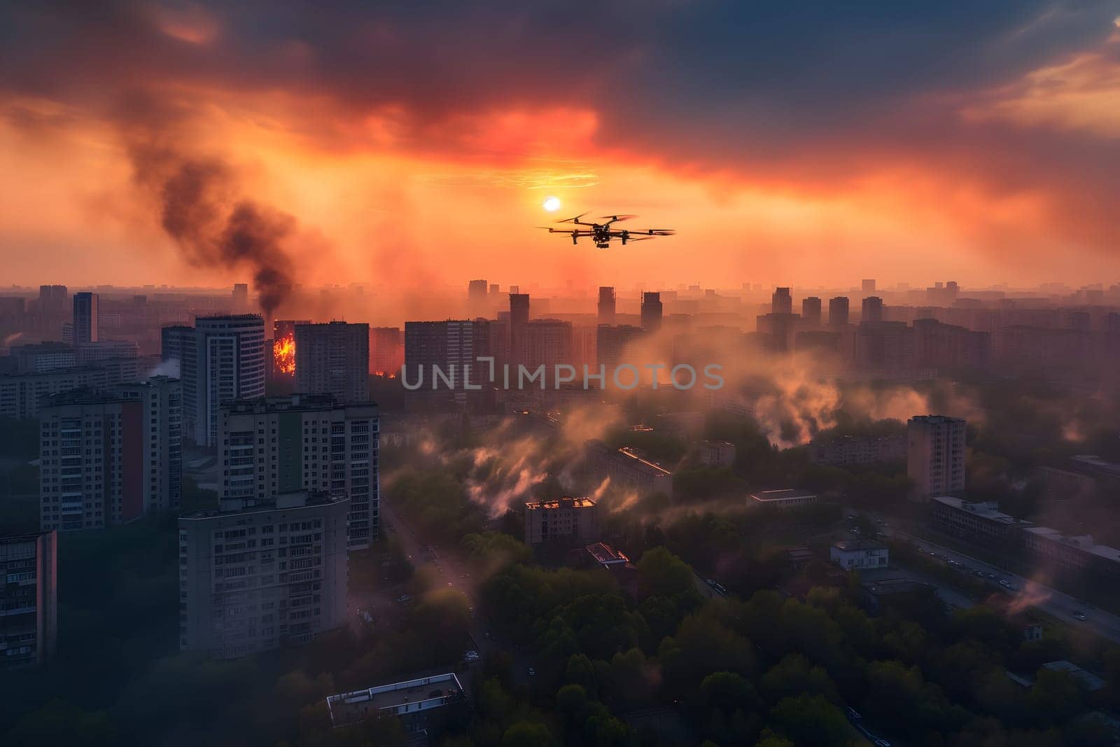Copter drone over burning city at sunset or sunrise. Neural network generated image. Not based on any actual scene or pattern.