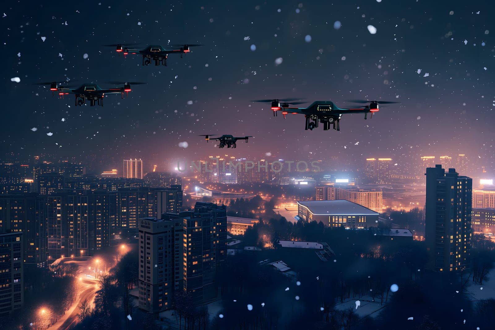 Group of drones over city at snowy winter night. Neural network generated image. Not based on any actual scene or pattern.