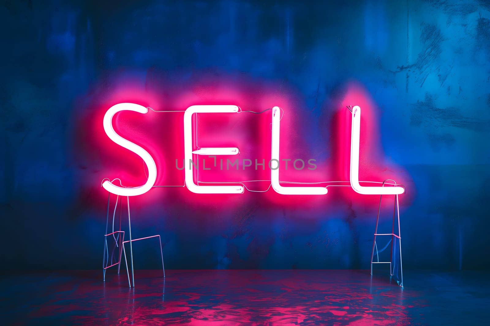 Neon inscription word sell. Neural network generated image. Not based on any actual scene or pattern.