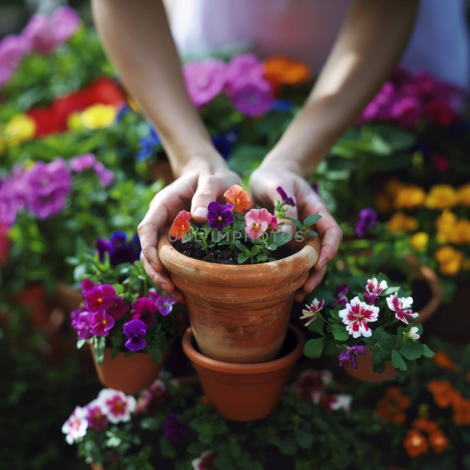 Hands gently hold a pot of blooming flowers amidst a colorful garden