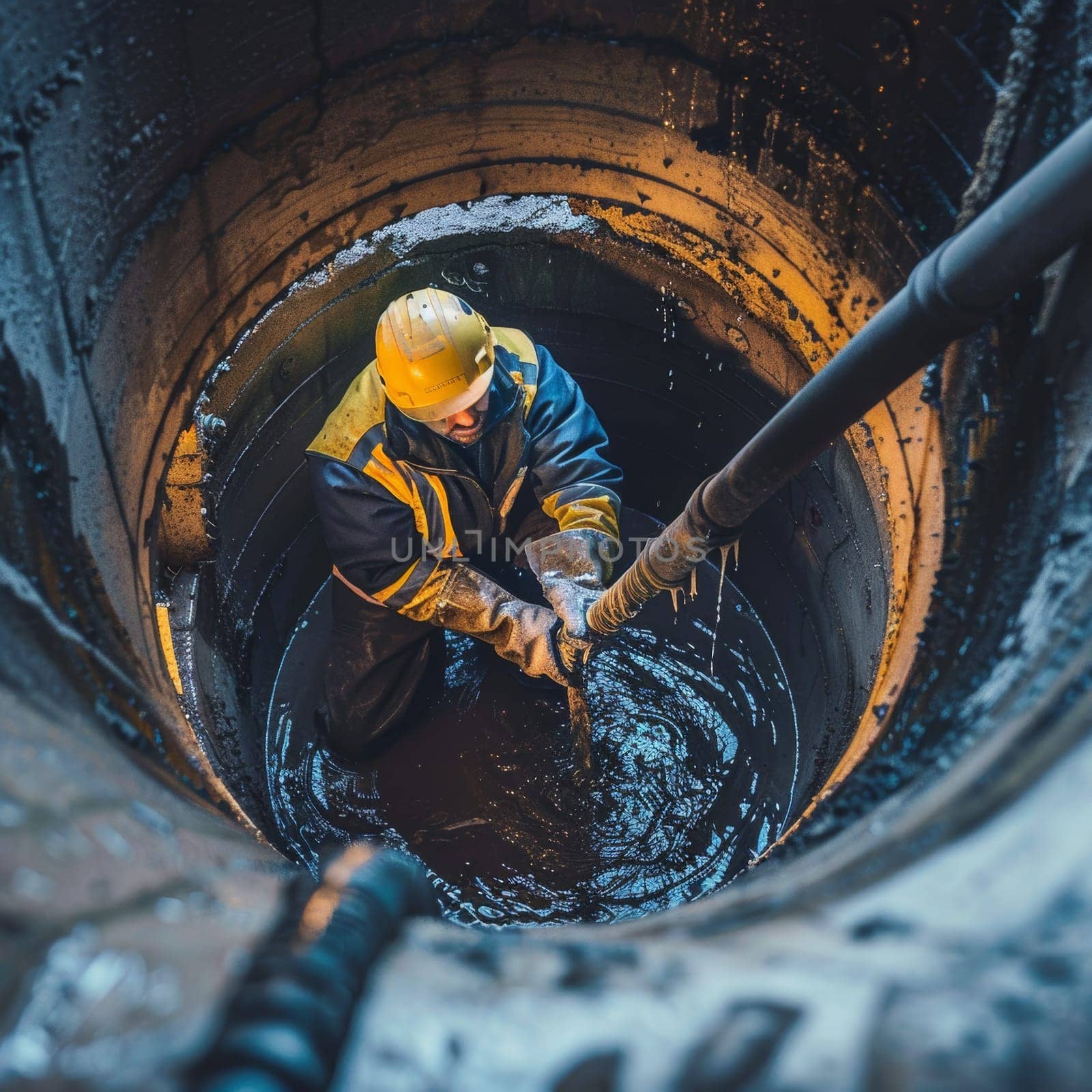 A maintenance worker engages in sewer upkeep within a cylindrical space, reflecting necessity of continuous infrastructure care. The image conveys the dedication required for such specialized tasks
