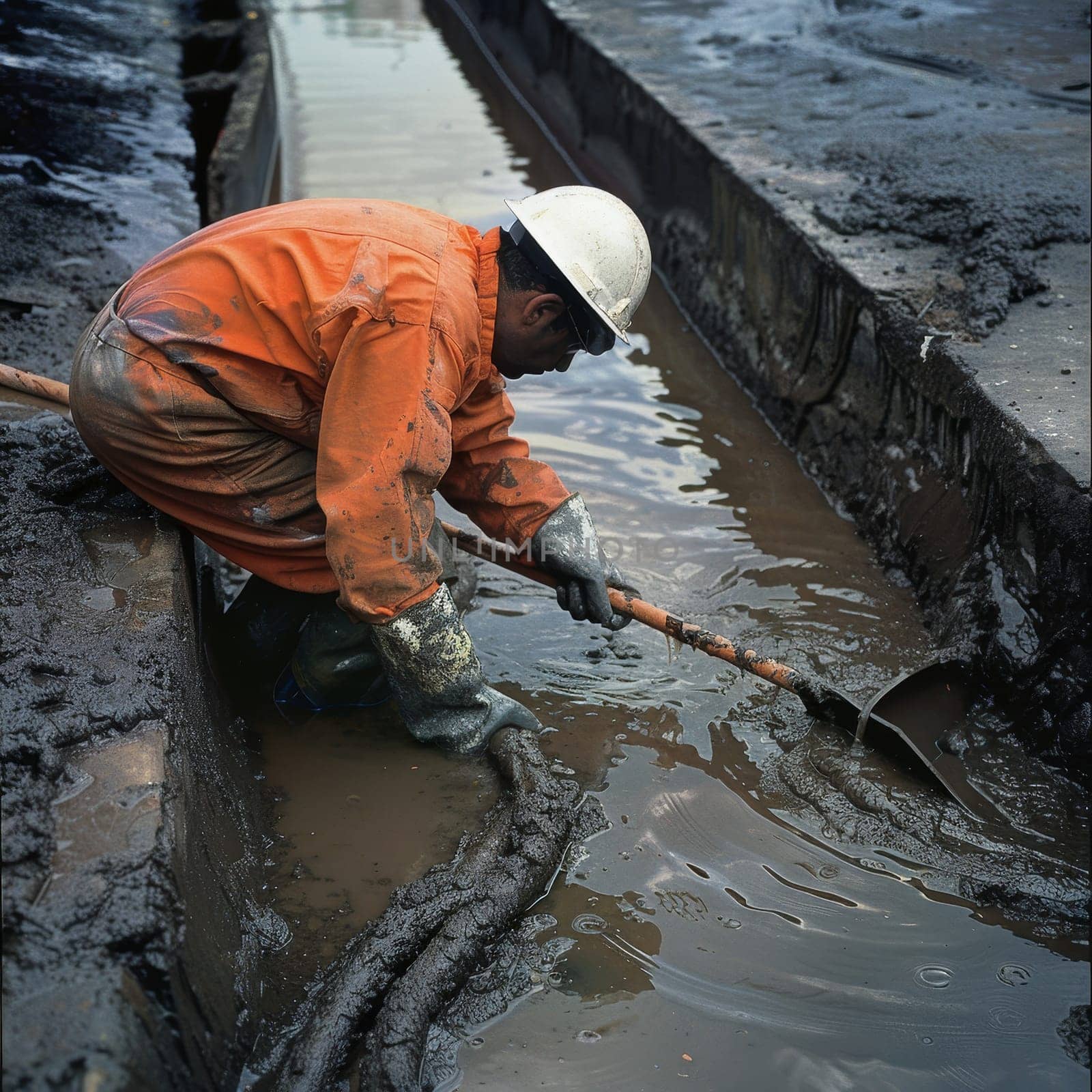 A worker in orange overalls dredges a canal, removing silt and debris to ensure proper water flow. The photograph showcases the importance of regular maintenance in urban water systems