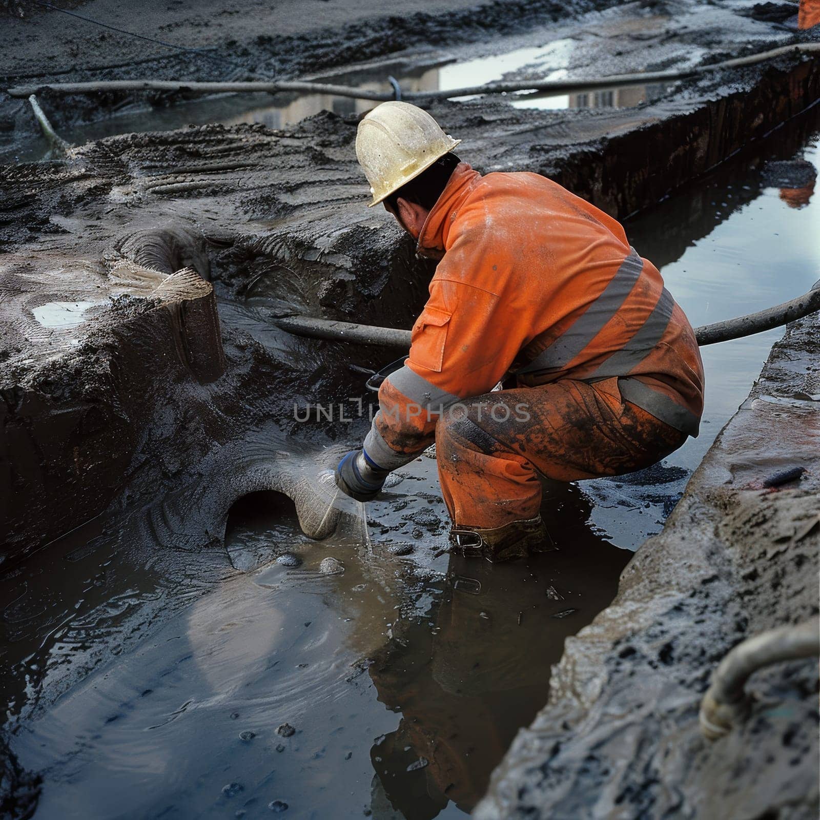 A municipal worker wades through water to perform sewer maintenance, a vital role in ensuring the functionality of the urban water system. The image demonstrates the strenuous nature of such work