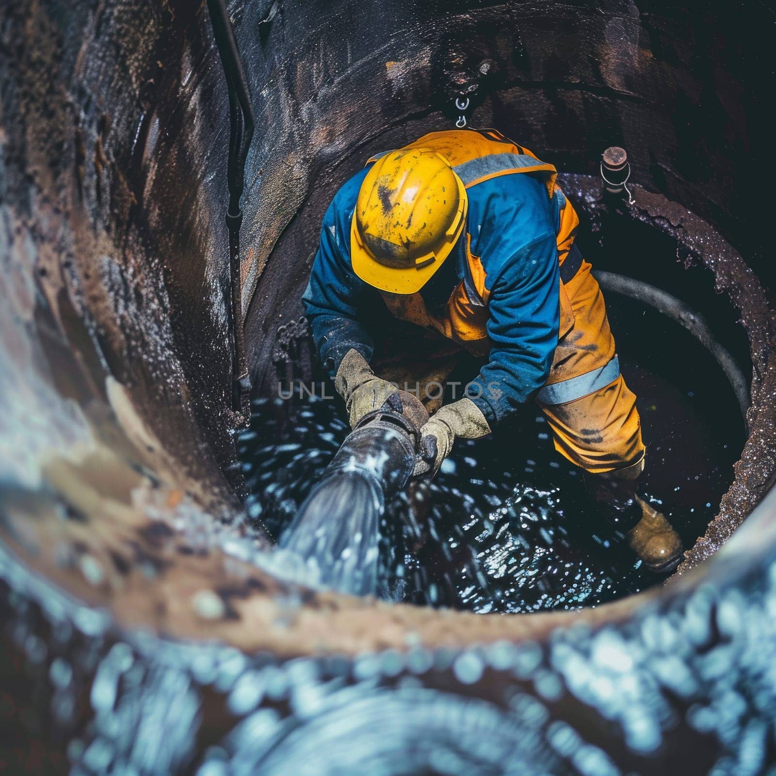 A utility worker wearing a helmet and reflective gear works diligently in a sewer well, a testament to the unseen labor that keeps cities running smoothly. The depth of the infrastructure