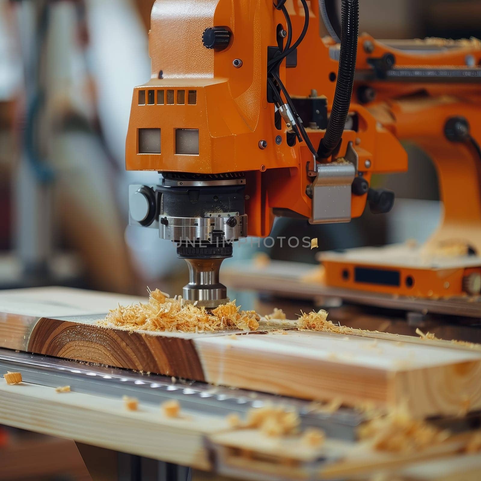Precision cutting by a CNC machine on a wooden plank with wood shavings scattered around. The focus is on the machine's drill carving intricate details into the wood