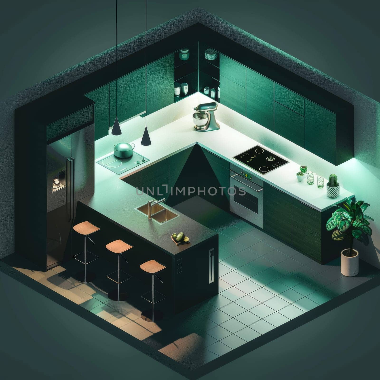 This isometric illustration showcases a sleek kitchen interior with teal cabinets, modern fixtures, and hanging pendant lights, offering a stylish and functional space