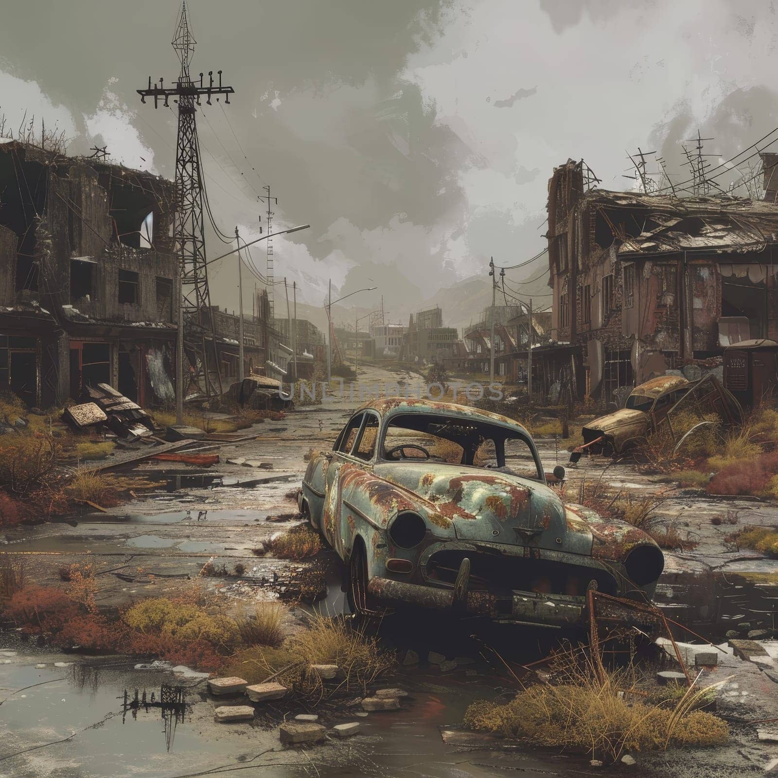 Artistic rendering of a post-apocalyptic urban landscape, featuring a decaying car and desolate buildings, evoking a sense of abandonment and decay