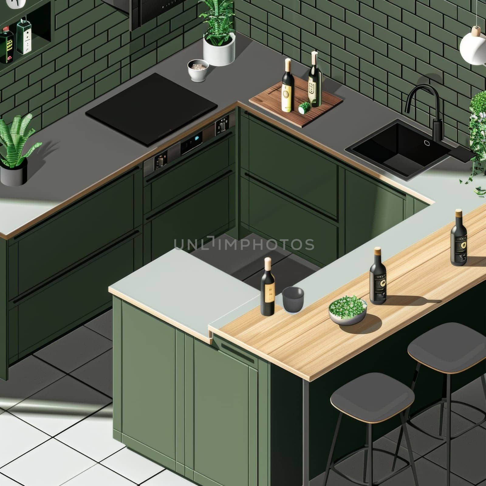 Top view of a modern green kitchen interior with built-in appliances, wooden countertop, bar stools, and decorative plants