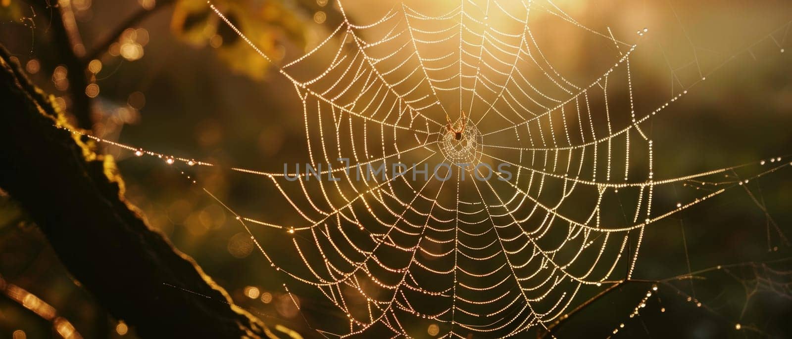 A dew-kissed spider web glistens in the golden morning light, showcasing nature's intricate design and beauty