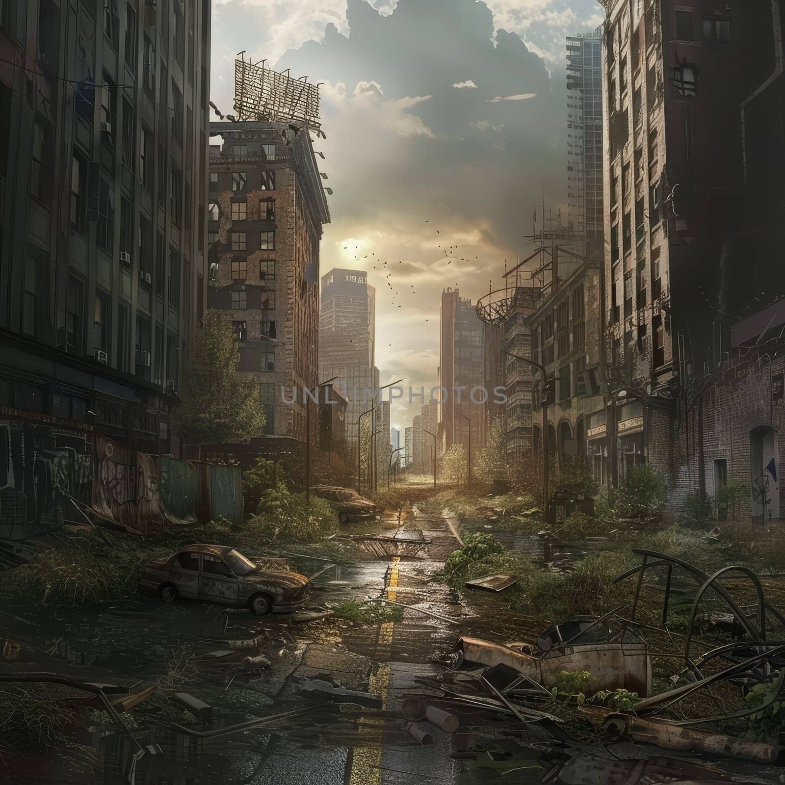 A visually striking image of an overgrown post-apocalyptic city with nature reclaiming the space, highlighting themes of desolation and resilience