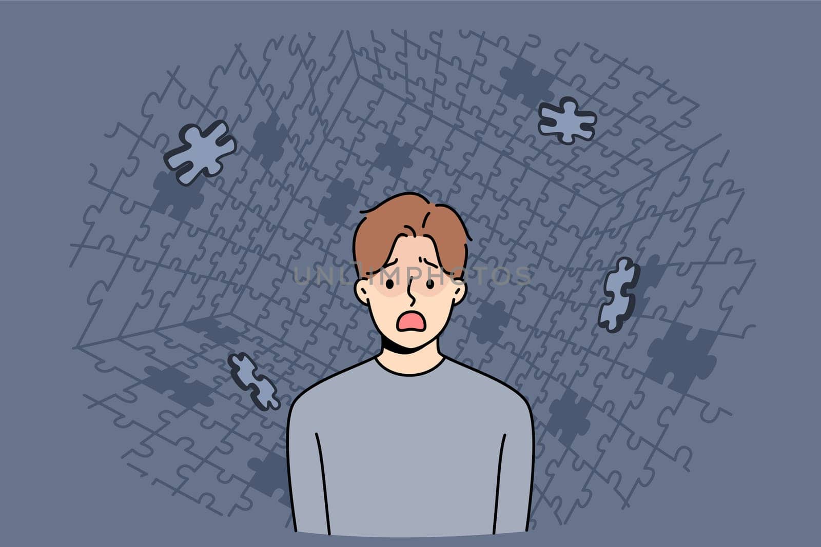 Depressed man screams during panic attack or hallucination, standing among collapsing puzzle. Guy with personality disorder needs help psychologist to get rid panic attacks and restore mental health