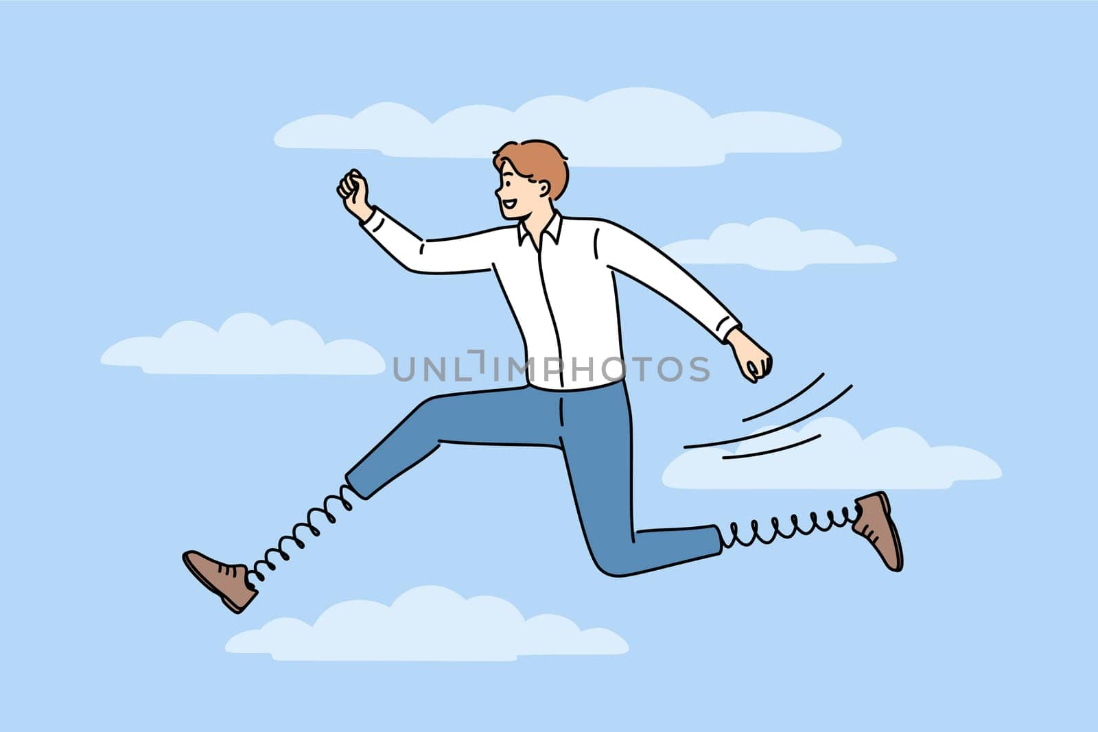Running business man with springs instead legs is in hurry to complete manager task in order to climb career ladder. Ambitious office clerk strives to achieve career success, jumping on sky background
