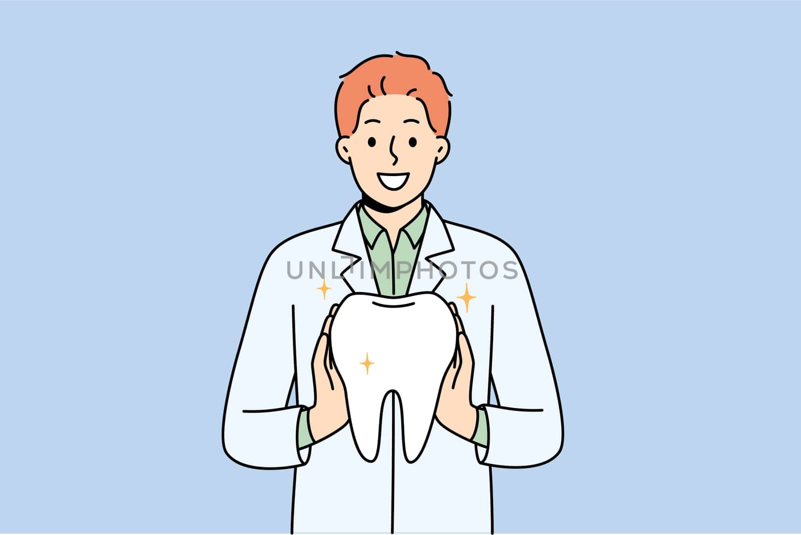 Man orthodontist from dental clinic holds model of healthy tooth, offering you procedure to get rid of caries. Guy orthodontist in white coat smiles, recommending becoming client of new dental center