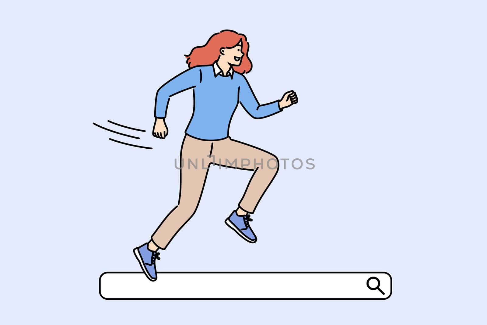 Woman runs through search bar, smiling, looking for useful information on internet and exploring websites. Girl with search bar recommends using services of seo specialist for website promotion