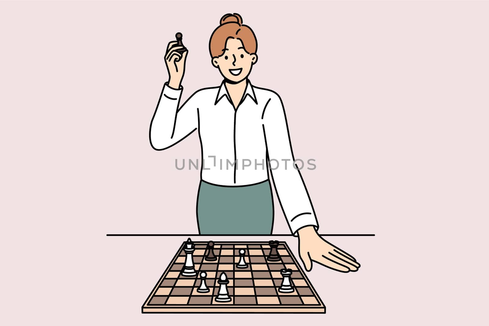 Business woman stands near chessboard, talking about importance of strategic planning and personnel skills. Chess pawn in hands of strategically thinking businesslady planning development of company