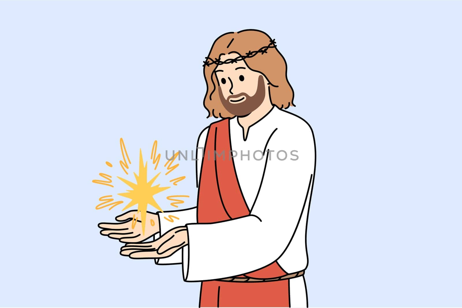 Jesus demonstrates miracle after second coming, dressed in crown of thorns and ancient vestments. Male christian prophet similar to jesus from bible appeared on earth according to religious prophecy