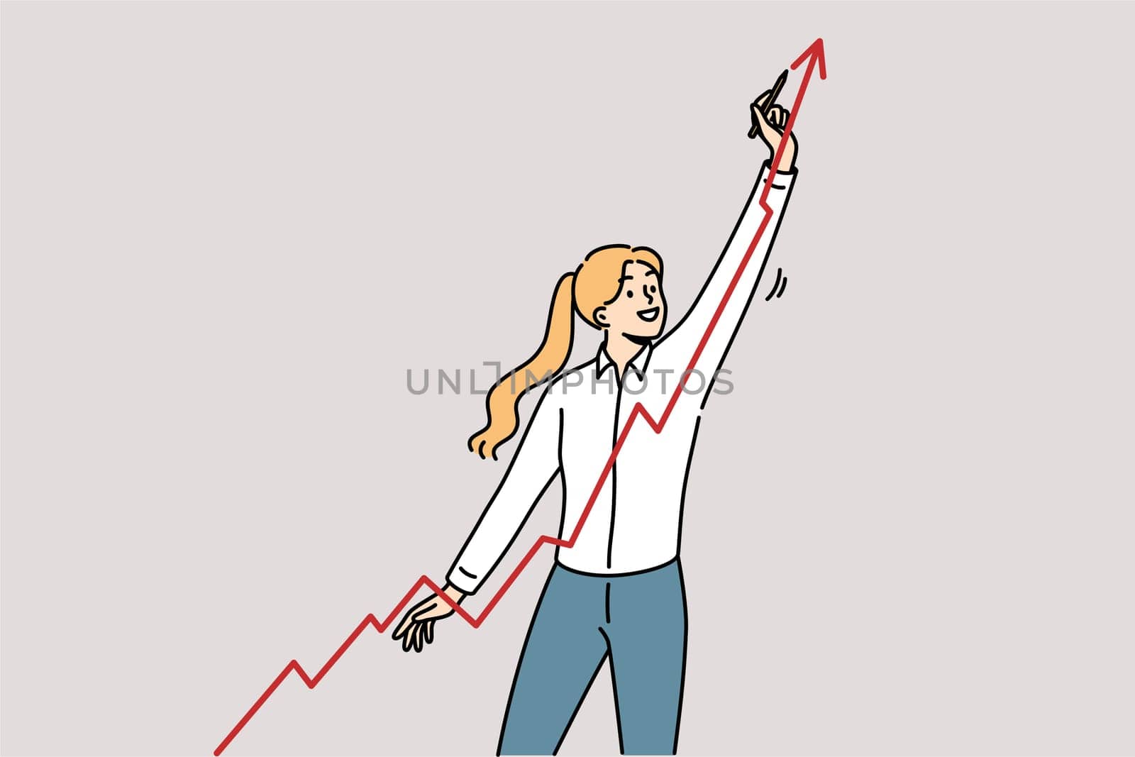 Business woman draws growing graph showing company profit growth from attracting new customers. Girl financial analyst predicts growth of business indicators thanks to quality management