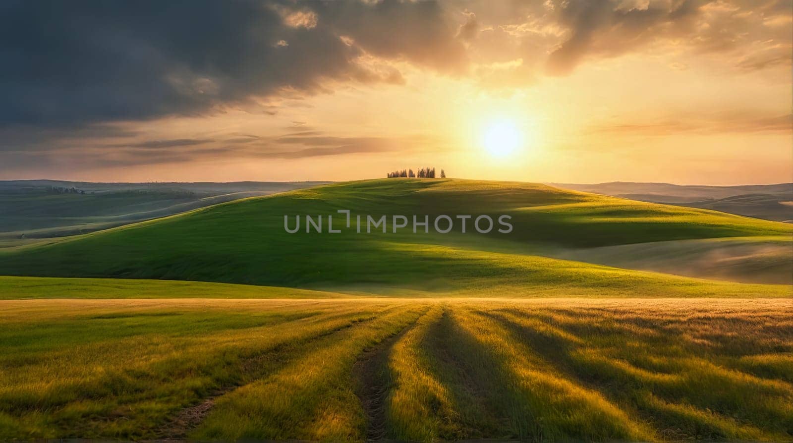 Beautiful sunset lights over the landscape like Toscana. Generative AI.