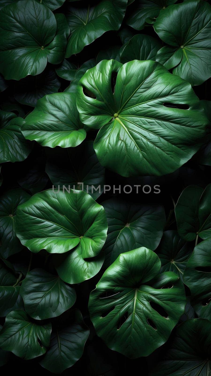 Dark botanical background from green big smooth leaves, green tropical. Generative AI