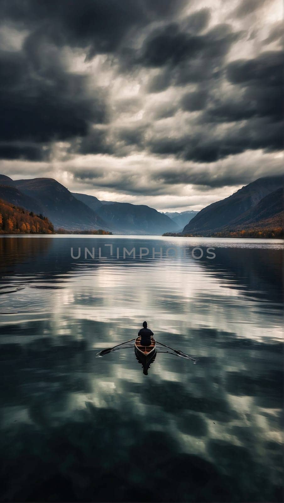 Kayaker kayaking on a lake, around mountains beautiful clouds, drone picture. Generative AI