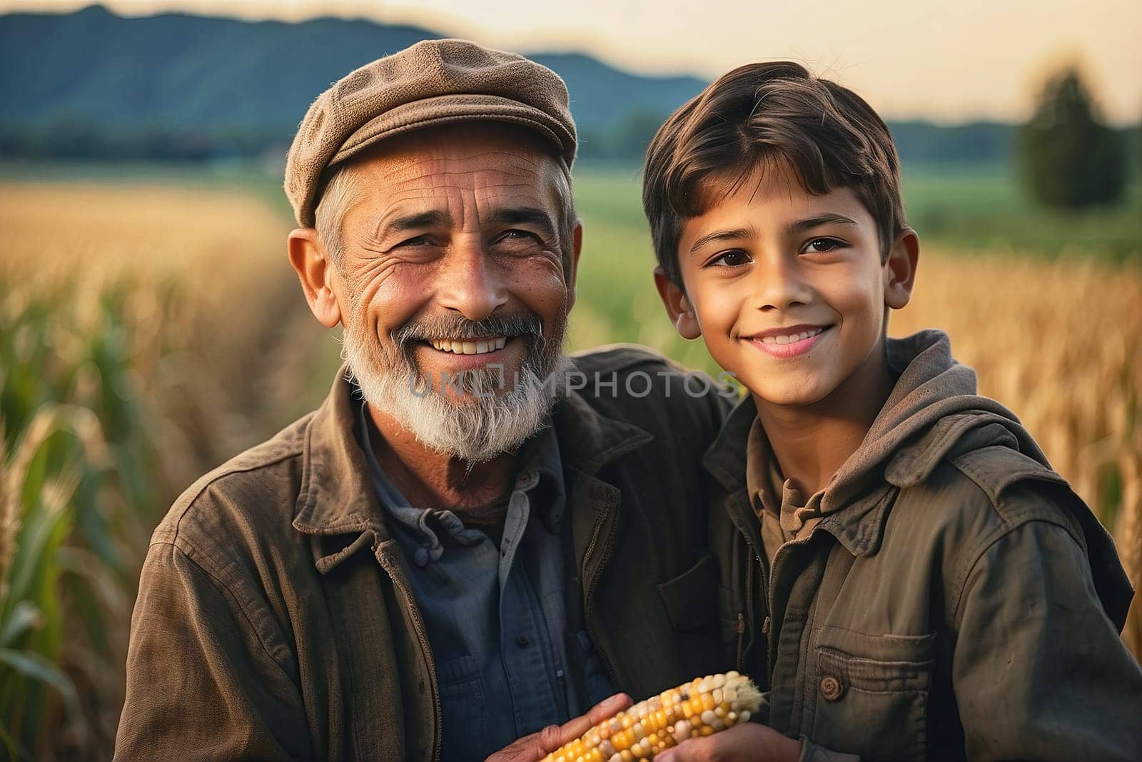 Farmer grandfather smiles and shows grandson the corn. Agricultural concept. Generative AI
