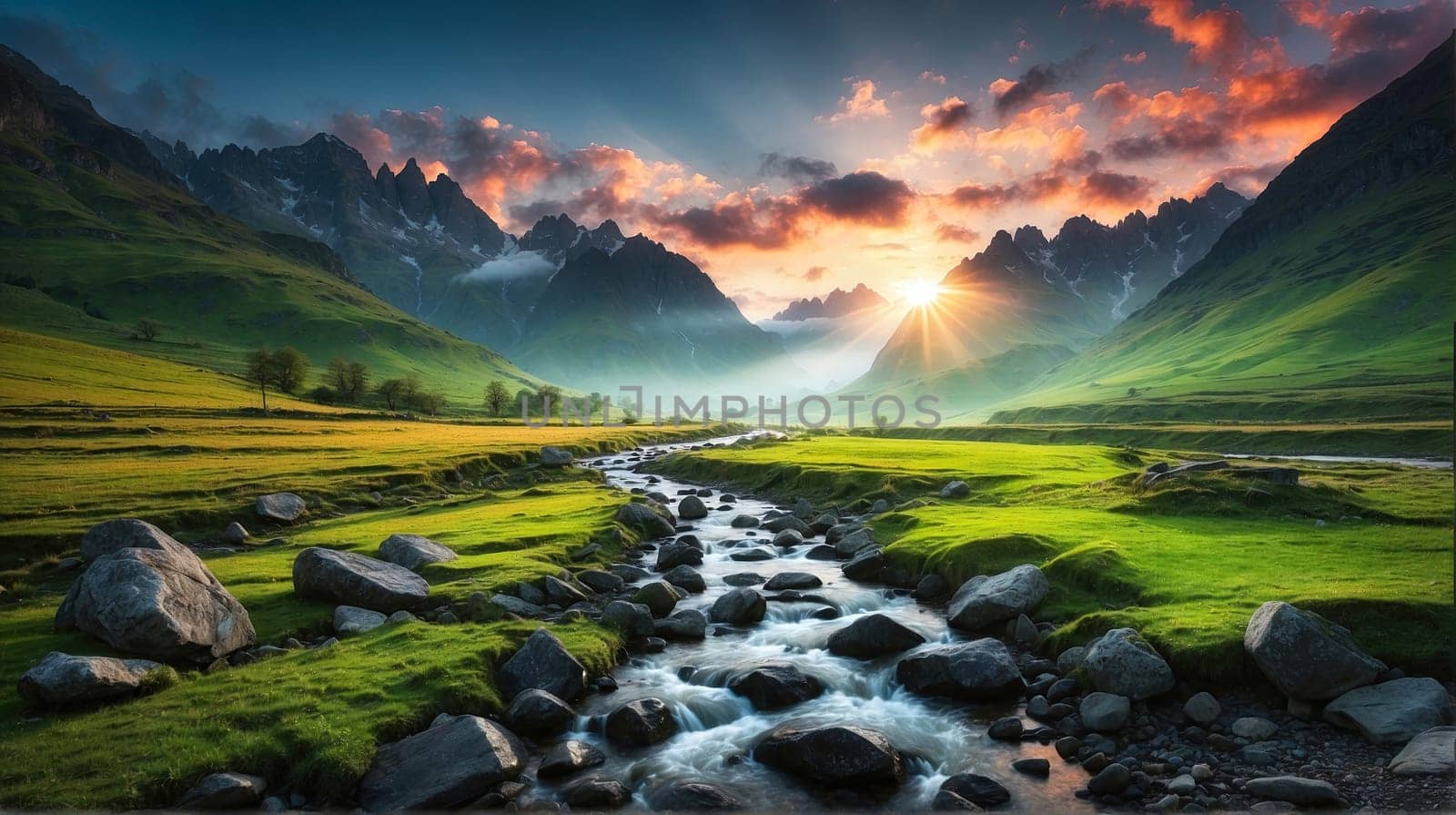 Beautiful sunrise landscape with high mountain peaks next to small stream. Dark mode colors. Generated AI
