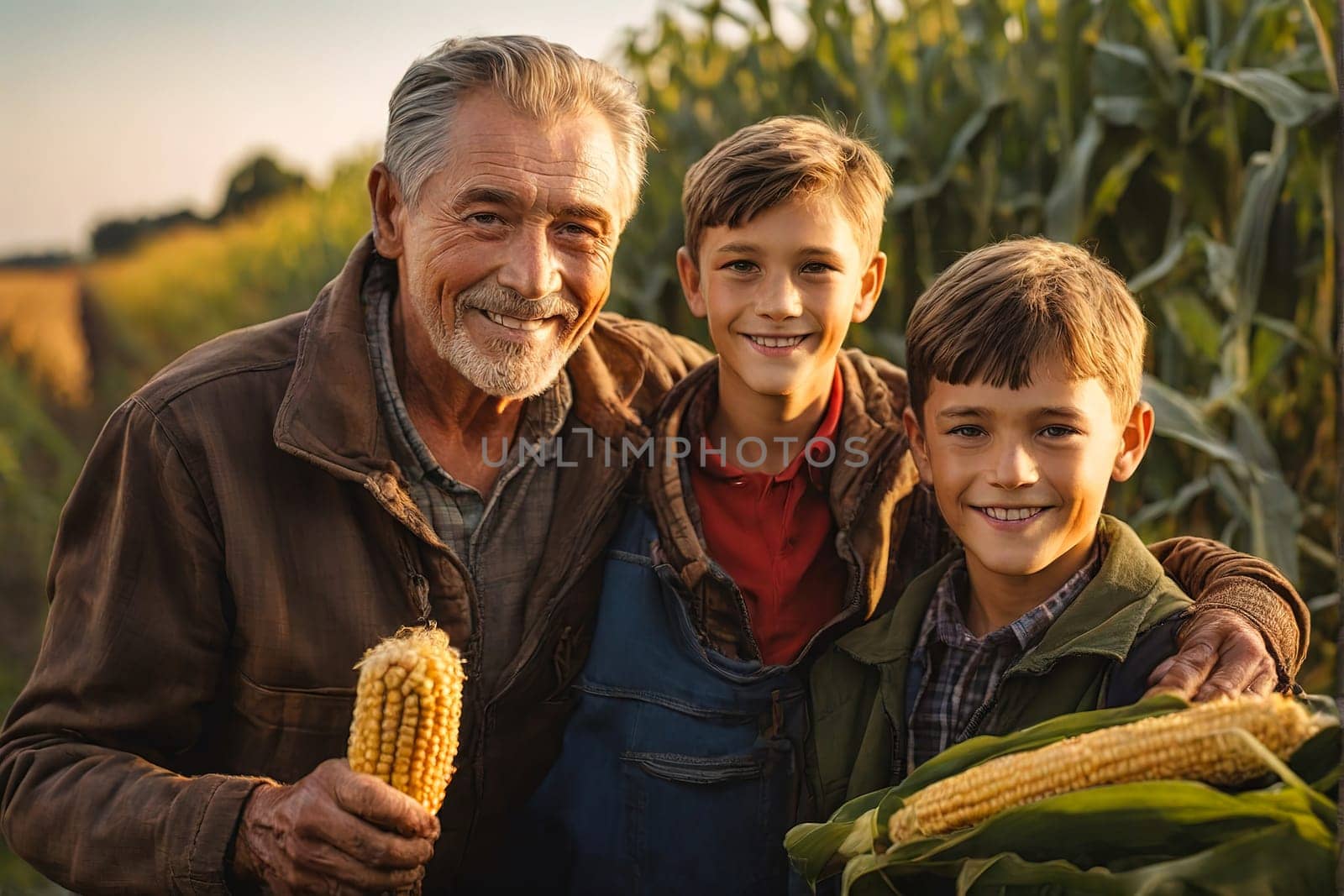 Farmer grandfather smiles and shows grandsons the corn. Agricultural concept. Generative AI