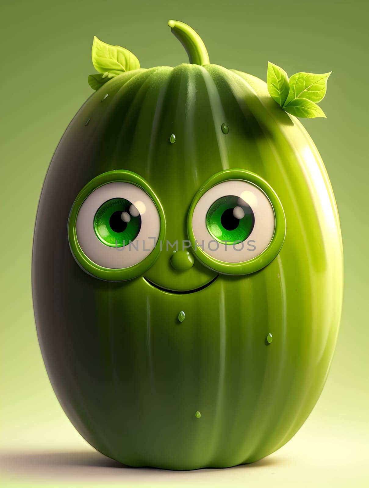 Funny cucumber character on green