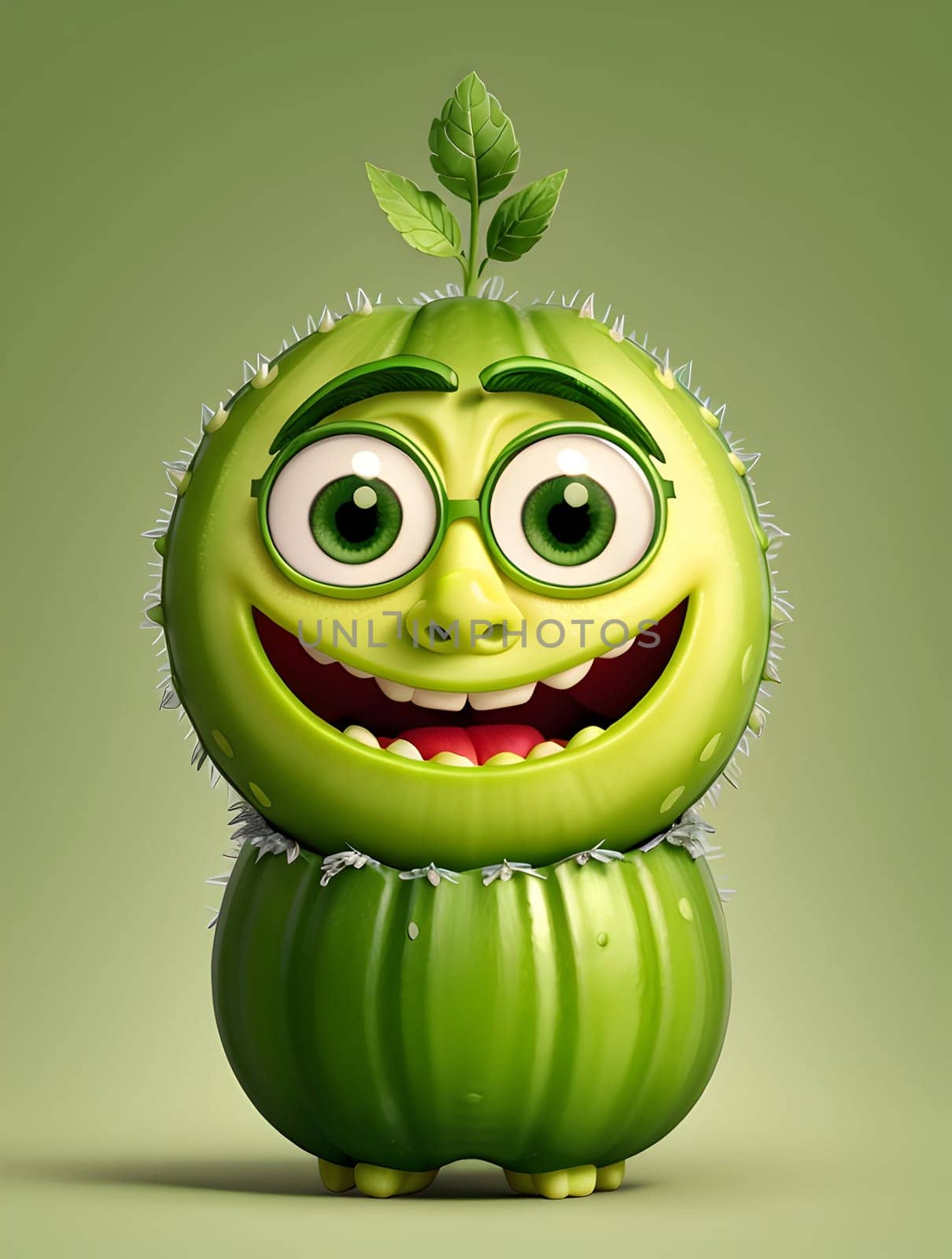 Funny cucumber character on green