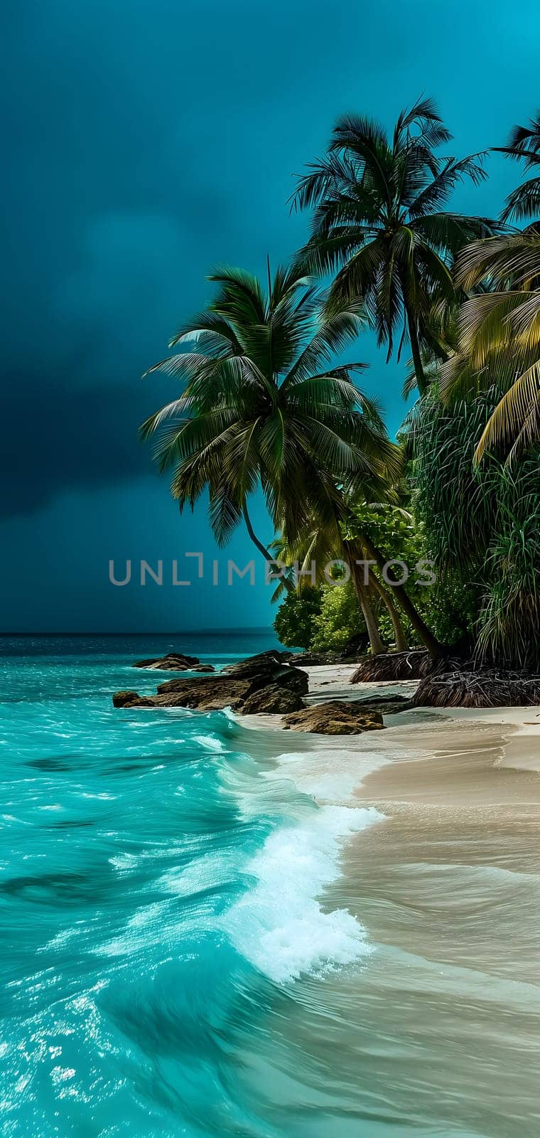 tropical beach view at cloudy stormy night with white sand, turquoise water and palm trees. Neural network generated image. Not based on any actual scene or pattern.