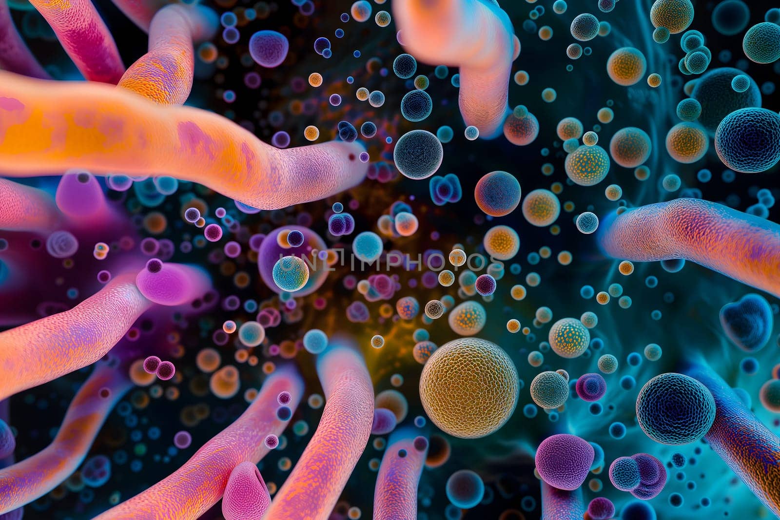 Diverse colorful abstract microbiome, containing many different types of microorganisms. Neural network generated in January 2024. Not based on any actual scene or pattern.