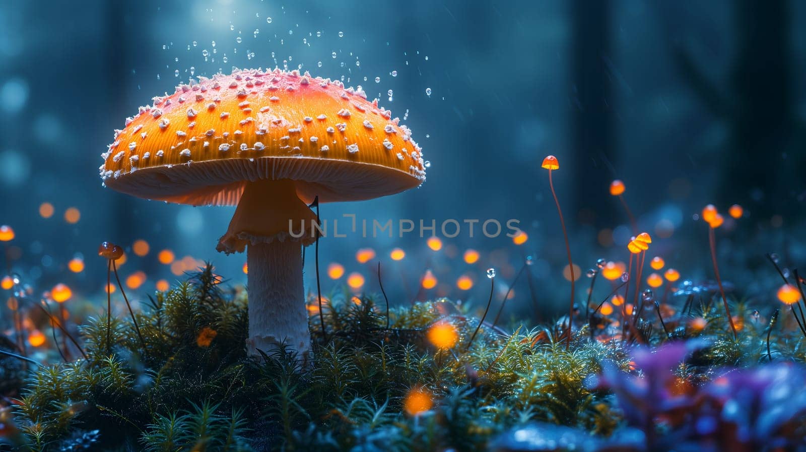 Magical mushroom in fantasy enchanted fairy tale forest. Neural network generated in January 2024. Not based on any actual scene or pattern.