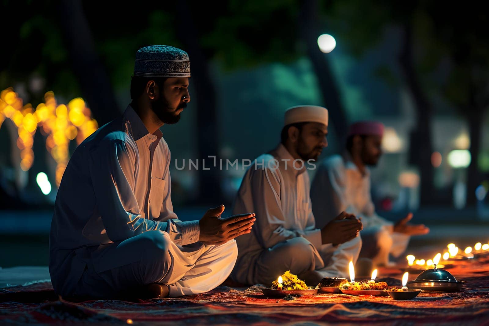 Muslim prayers in white clothes sitting in front of mosque at Ramadan night with selective focus. Neural network generated in January 2024. Not based on any actual scene or pattern.