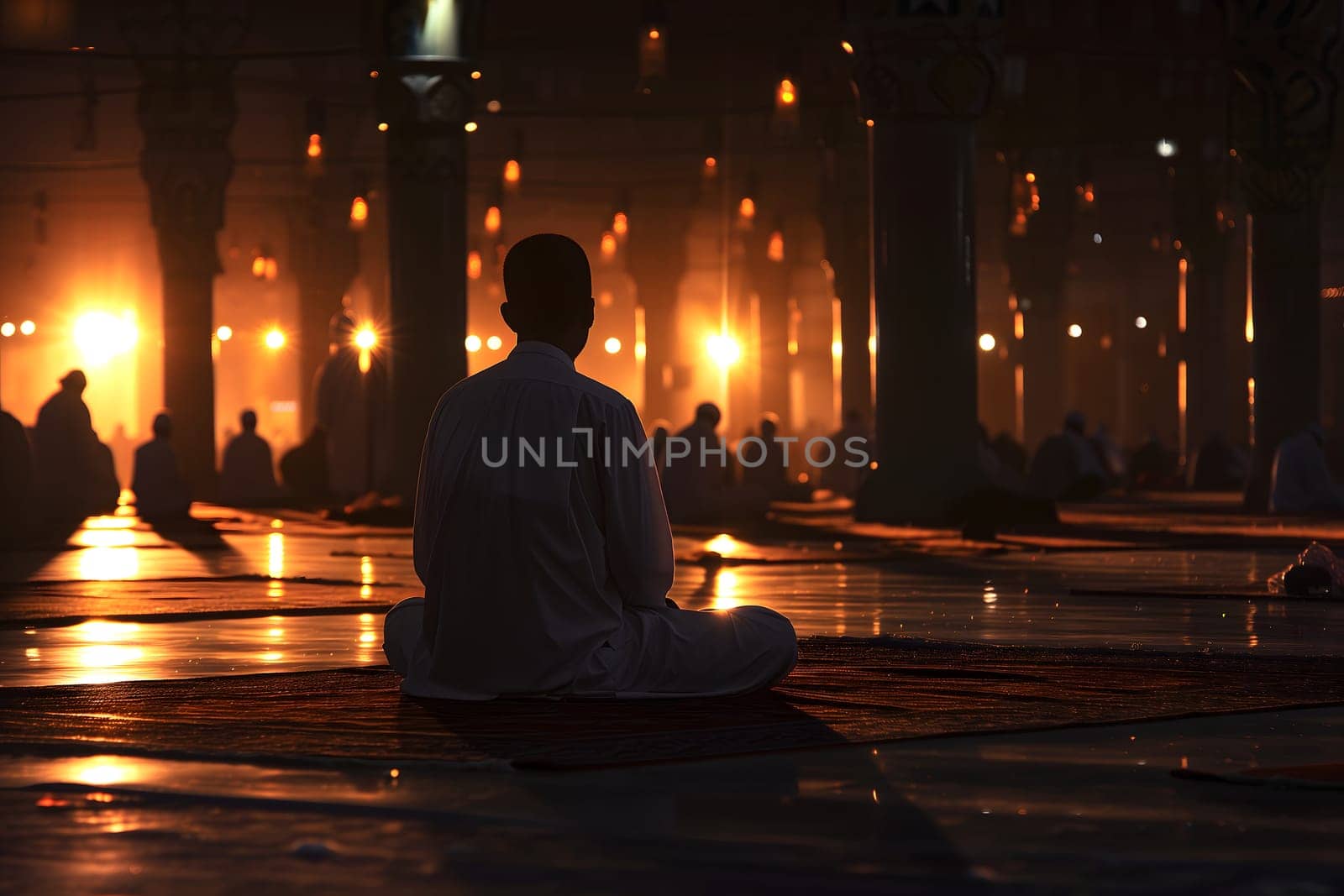 Muslim prayer in white clothes sitting in a mosque at Ramadan night with selective focus. Neural network generated in January 2024. Not based on any actual scene or pattern.