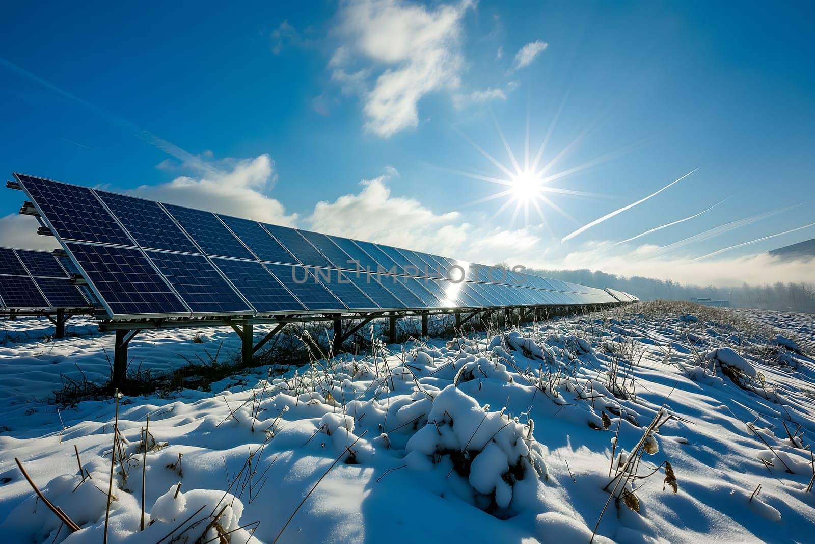 Photovoltaic solar panels in the field at sunny winter day. Neural network generated in January 2024. Not based on any actual scene or pattern.