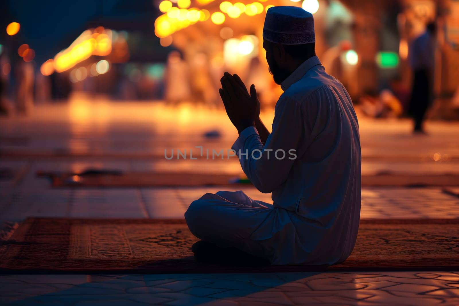 Senior Muslim prayer in white clothes sitting in front of mosque at Ramadan night with selective focus. Neural network generated in January 2024. Not based on any actual scene or pattern.